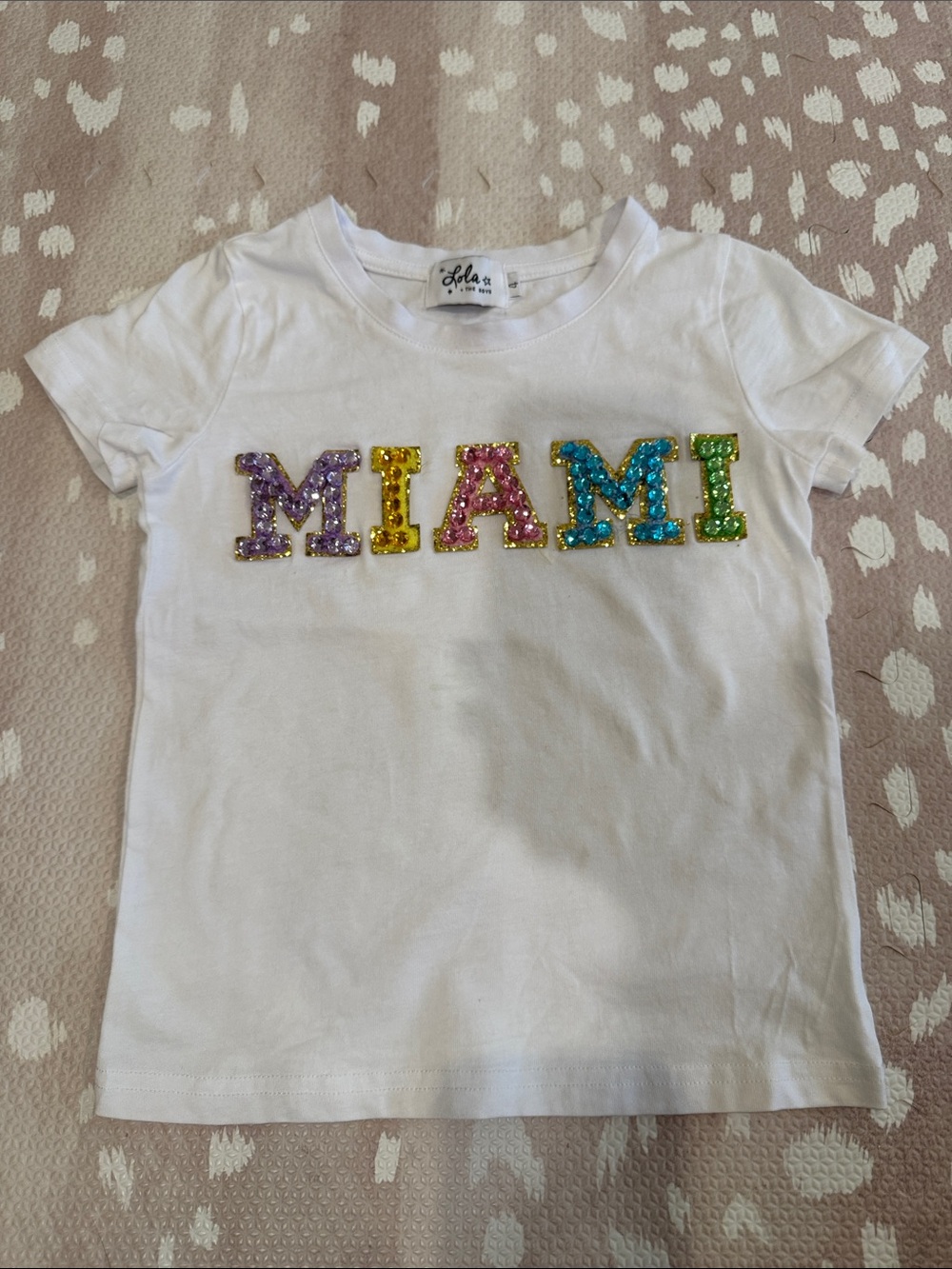 Lola + The Boys Crystal MIAMI T-Shirt Girls Size 4 Rainbow Rhinestone Tee